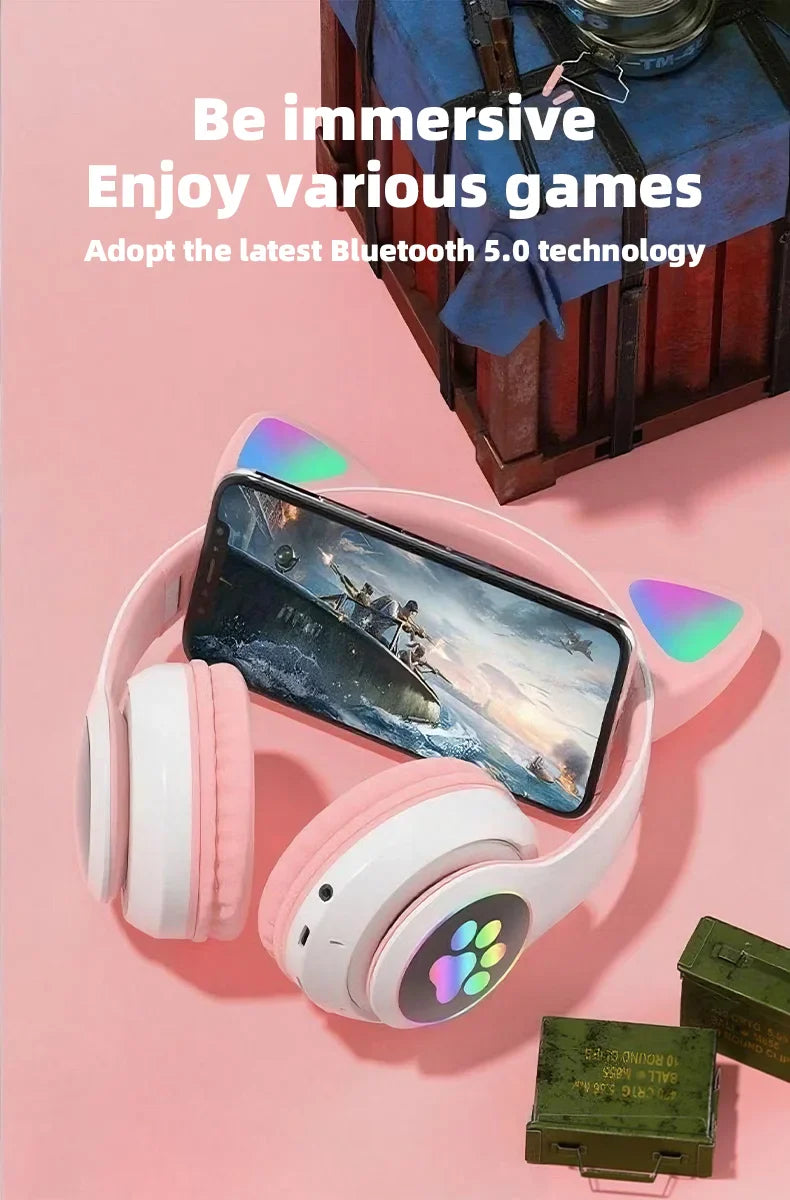 P47M Wireless Headphone Flash Light Cute Cat Bluetooth with Mic Control LED Stereo Music Helmet Phone Bluetooth Headset Gift