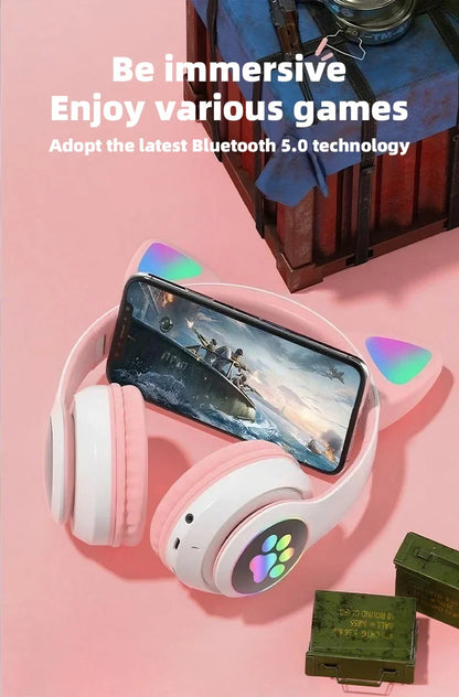 P47M Wireless Headphone Flash Light Cute Cat Bluetooth with Mic Control LED Stereo Music Helmet Phone Bluetooth Headset Gift