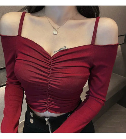 Slash Neck T-Shirts Women Sexy Lady New Design Solid Shirring All-match Футболка Женский Summer Slim Cozy Ins Chic Korean Trendy