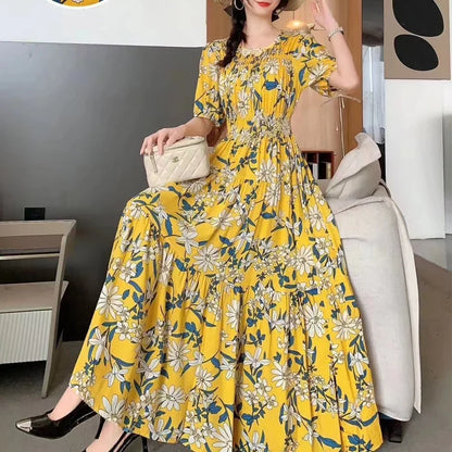 Summer New Cotton Silk Dr Casual High Waist Floral Print Beachwear Outerwear Slimming Waist Long Skirt A-Line Gown