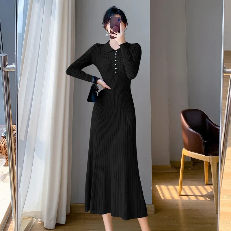 Sweater Dress Women New  Autumn Winter Purple White Or Black High Waist A Line Dress Elegant Long Knitted Dress (Available)