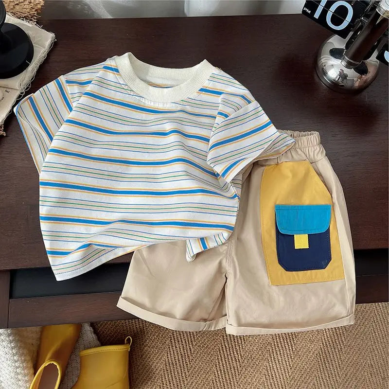 Summer Children Clothes Boys Girls Short-sleeved Striped T-shirt +Shorts 2Pcs Set Babies Fashion Round Neck Outfits Kids Suits