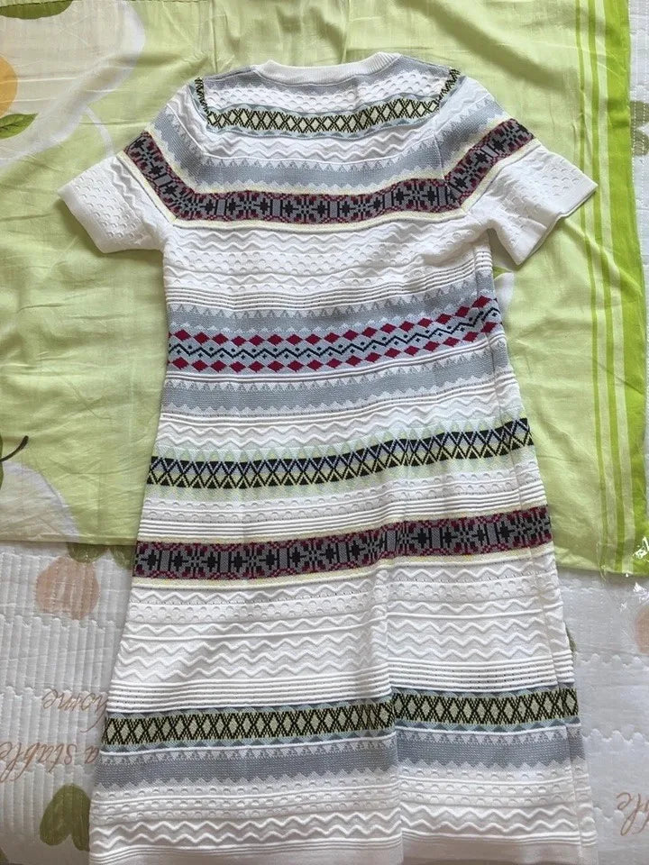 Women's Summer Knitted Dress 2025 Fashion Elegant Short Sleeve Striped Jacquard Dress W445