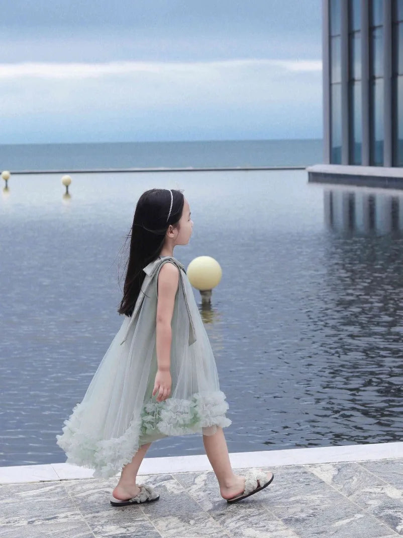 Korean Girls Party Dresses Edition Girls Sleeveless Bow Solid Color Sweet and Gentle Princess Dress Childrens New  Trend