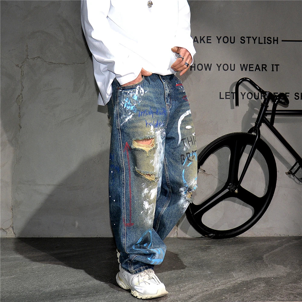 High End Men'S Clothing Hip Hop Graffiti Baggy Jeans For Men Streetwear Skateboard Ripped Jeans Korean Trendy Denim Trousers  ( Available )