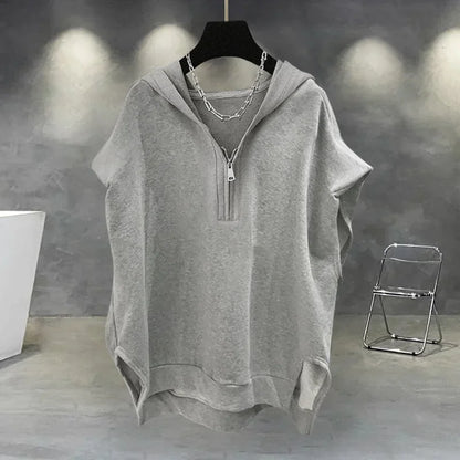 Summer Men's Zip up Sleeveless Hooded T-shirt 2024 New Korean Fashion Tank Tops Y2K Streetwear Casual Vests Hip Hop Tee Shirts(Available)