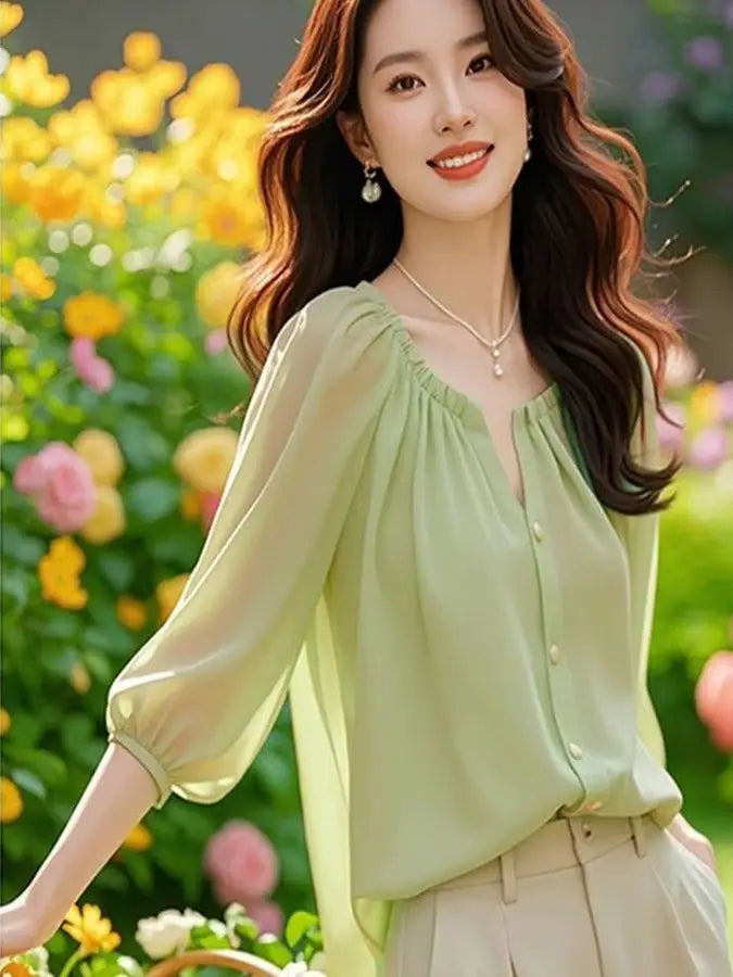 Chic Summer irt Women's Sle Korean Five-Quarter Sve Age-Defng Beautiful Faionable Good-Looking Chiffon Top