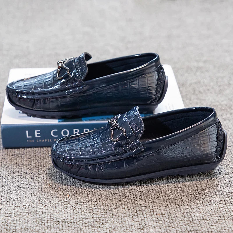 Boys Loafers Non-slip Children's Leather Shoes All-match Four Seasons Metal Buckle  Shiny Simple Kids Fashion Moccasin Shoes
