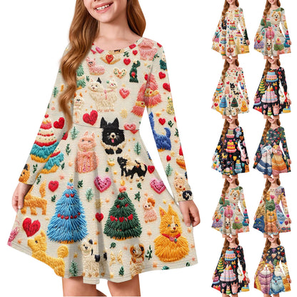 Girl Spring Summer Cozy Dress Exquisite Colorful Pattern Printed Comfortable Dress Girl Daily Casual Long Sleeve A Line Dress