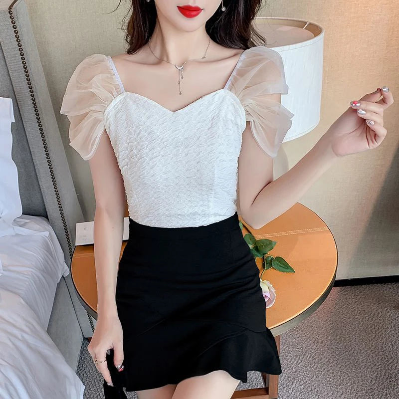 Summer Mesh Spliced Women Puff Sleeve Square Neck T Shirts Lady French Fashion Elegant Sweet Slim Fit Clothing Tops Black White