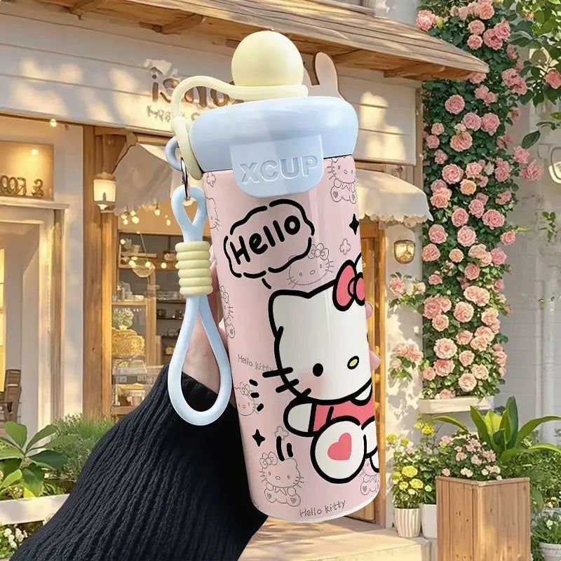 600ml Sanrio Hello Kitty Vacuum Thermos Cup SS316 Insulated Coffee Mug with Lifting Rope Portable Outdoor Drinking Water Kettle