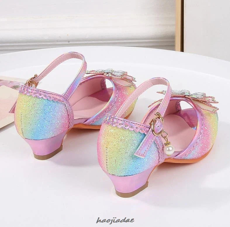 Summer High Heels Shoes for Girls Pageant Kids Sandals Child Mary Jane Shiny Princess Party Dress Up Shoes Purple Gold Pink Blue