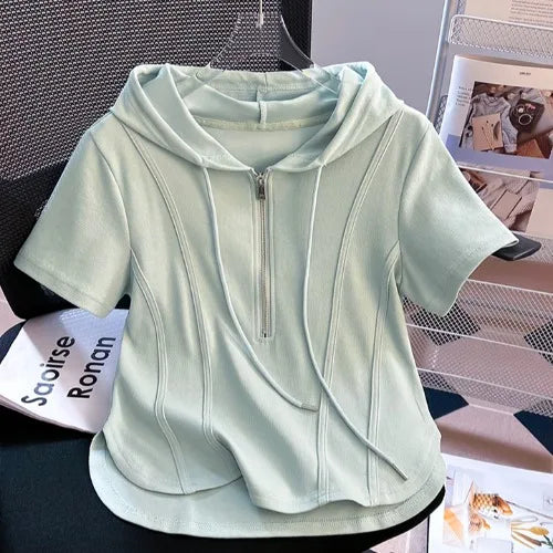Summer New Women's Zipper Hoodie ort Sve T-irt Pure Cotton Slim Fit ort Fibone Top Korean Sle Commute Faion