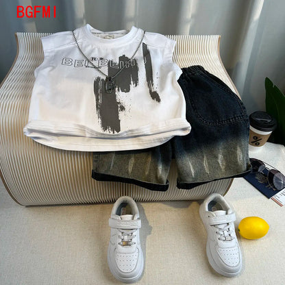 New Boys Fashion Summer Cotton Letter Printing T-shirts+Graffiti Denim Shorts 2pcs Set Kids Korean Outfits Sets Children Clothes