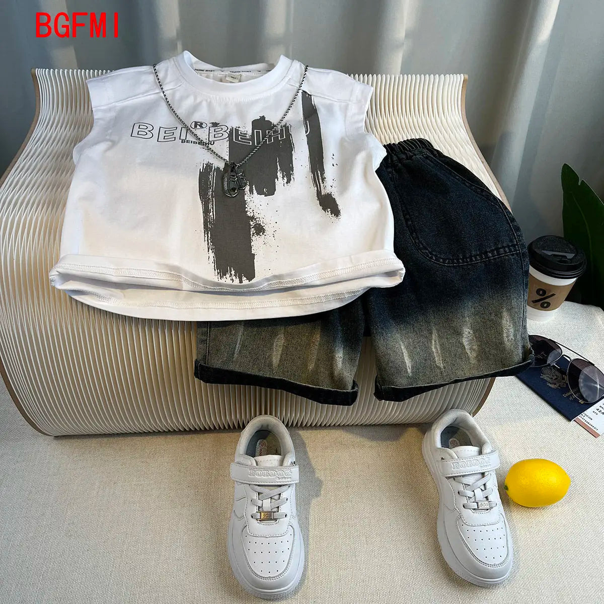 Korean Children's Summer Clothes Kids Set Outfits Boys 2025 Handsome Sleeveless&Short Sleeved T-shirt Denim Shorts 2-piece Set