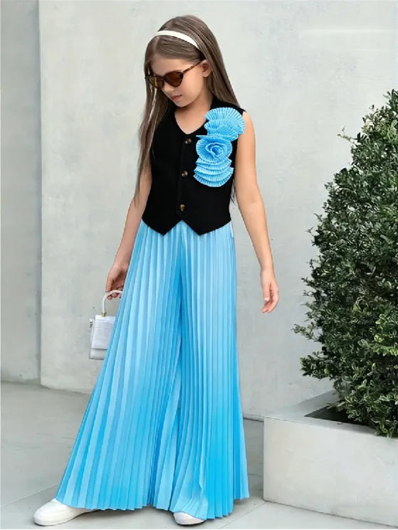 Little Girls' Color - Block Fashion Two - Piece Set: 3D Floral Sleeveless Vest + High - Waisted Pleated Wide - Leg Pants