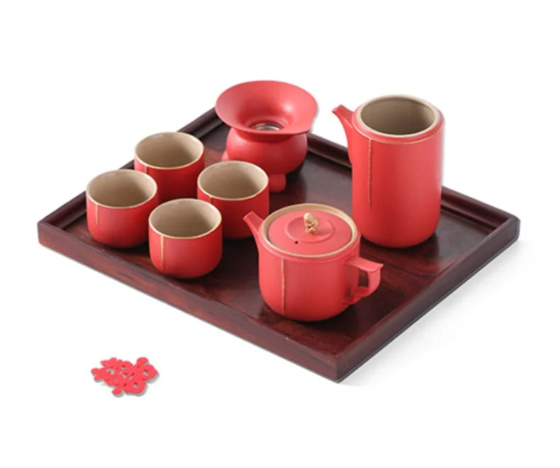 Traditional Chinese Tea Set, Porcelain Teapot, Stainless Steel, Tea Strainer, Cup, Bride and Groom Gifts, Traditional Red, Wed