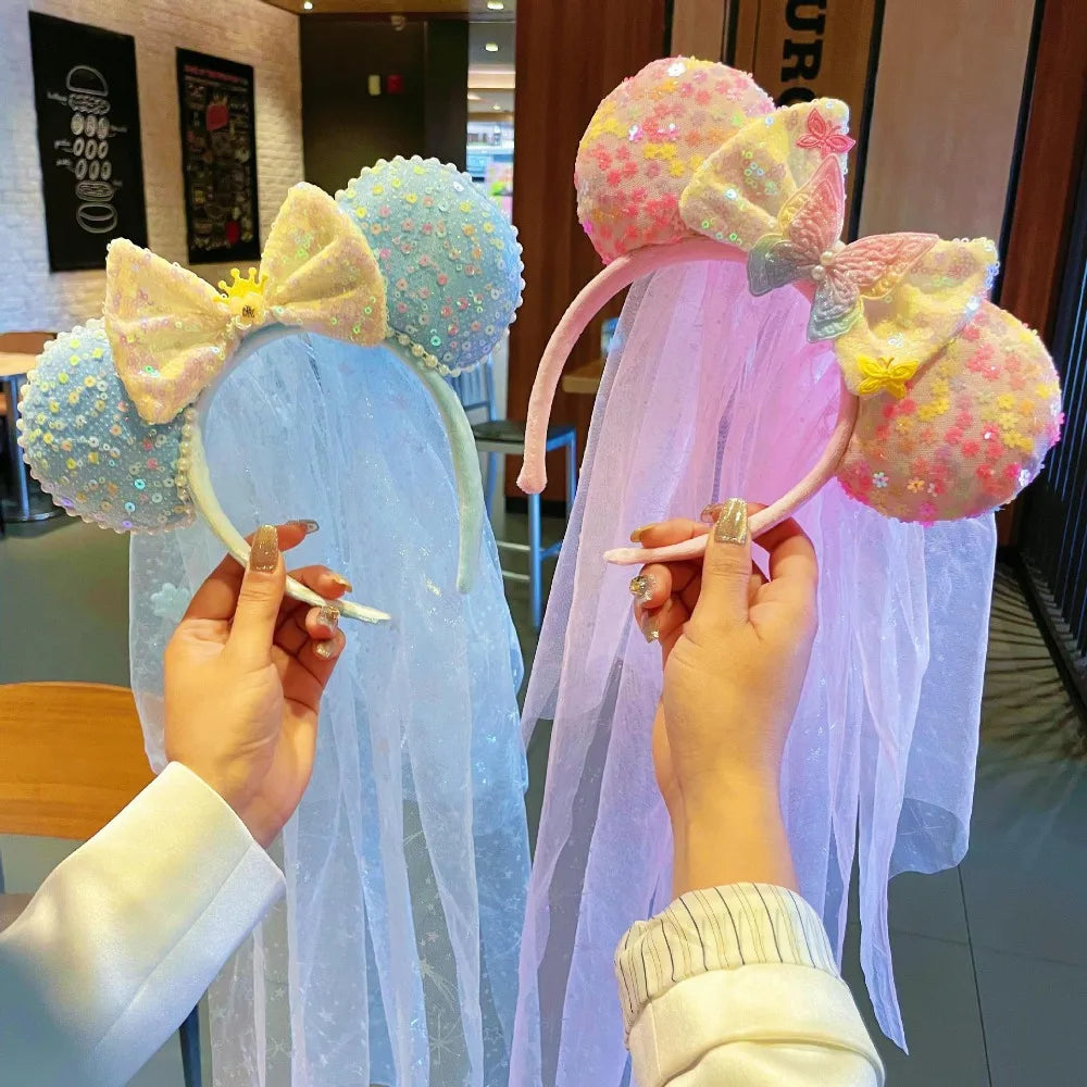 Adorable Sweet Rainbow Mouse ears veil Headband Gradient Butterfly Knot Hairband Theme Fresh Style Women's Hair Accessories