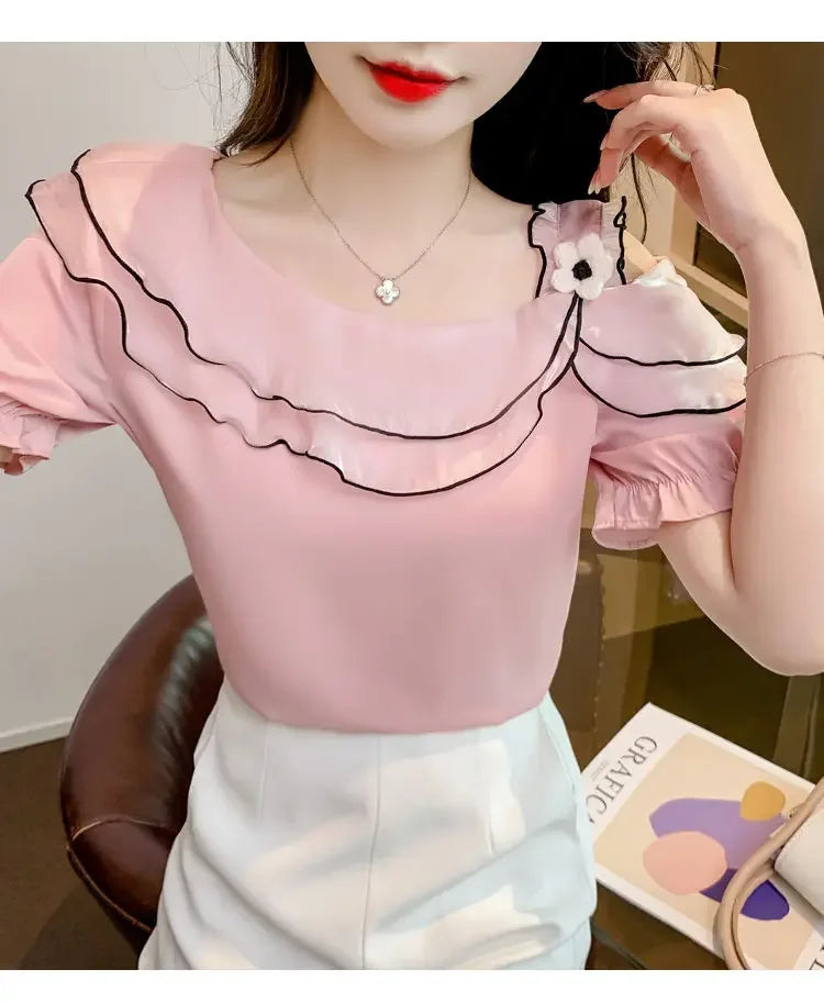 Sweet Slash Neck Off Shoulder Ruffles Blouses Female Clothing 2025 Summer New Loose Solid Color Korean Tops Puff Sleeve Shirts