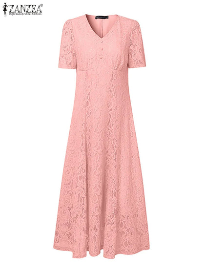 ZANZEA Women Summer Lace Patchwork Dresses 2026 Elegant Party Dress Stylish V Neck Short Sleeve Office Sundress A Line Midi Robe