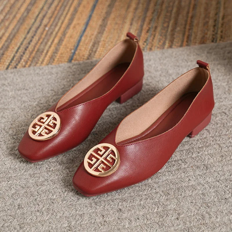 Women's square toe low heels solid color retro Casual flat shoes (Available)
