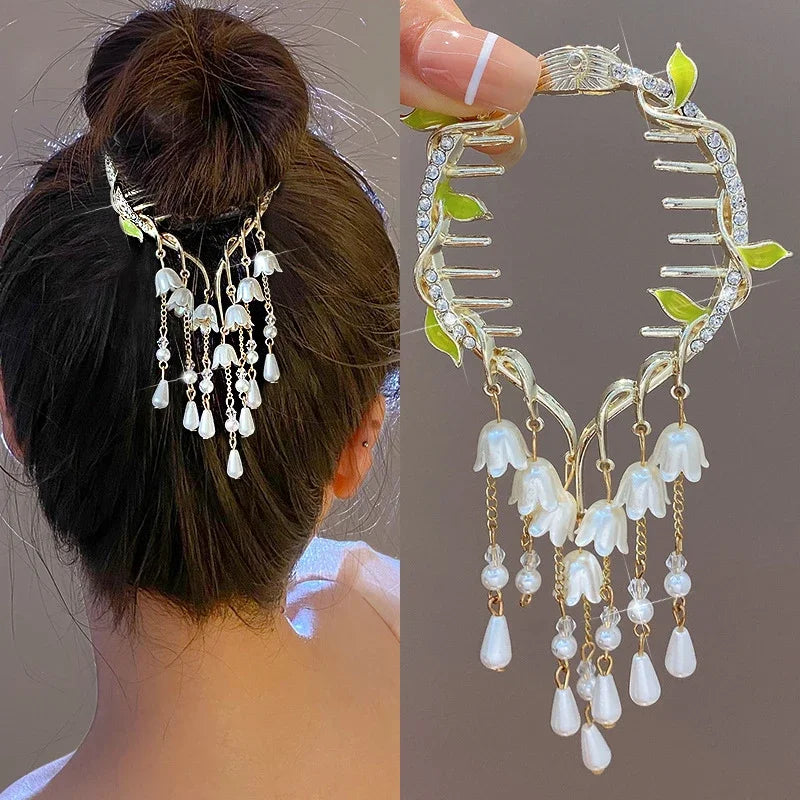 Ladies Butterfly Rhinestone Pearl Metal Hair Claw Round Bun Ponytail Holder