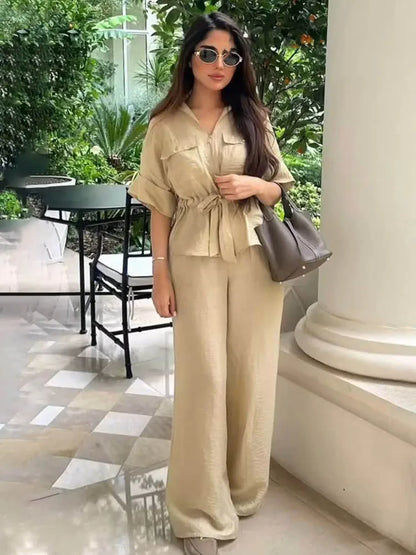 HH Women Pants Suit Solid Short Sleeve Zipper Pocket Drawstring Design Shirt Top+Elastic Waist Loose Casual Wide-leg Pants