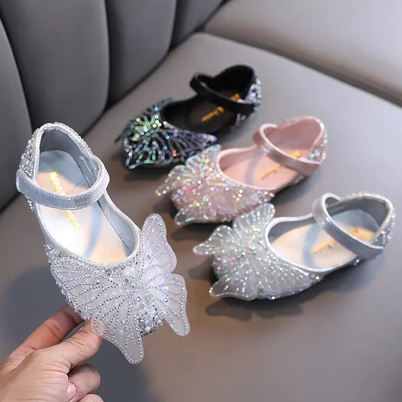 Girls Leather Shoes Children's Lace Butterfly Rhinestone Pearls Beading Performance Single Shoes Fashion Weeding Kids Shoes