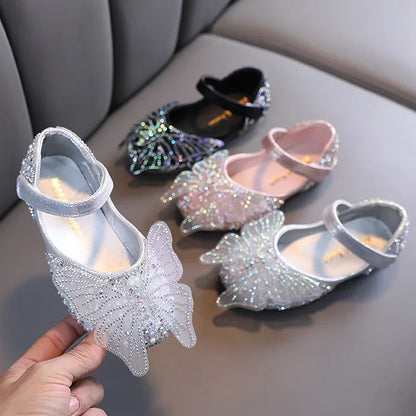 Girls Leather Shoes Children's Lace Butterfly Rhinestone Pearls Beading Performance Single Shoes Fashion Weeding Kids Shoes