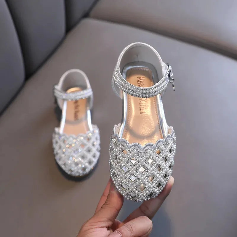 Children Spring Summer Korean Version Dance Shoes Girls Pearl Show Shoes Girl Rhinestone Princess Lace Leather Shoes Solid Color
