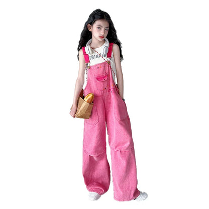 Luxury Kids Pink Denim Dungarees Bib Jeans for Teens Girl Casual Suspender Jumpsuit Child Fashion Jeans Overalls