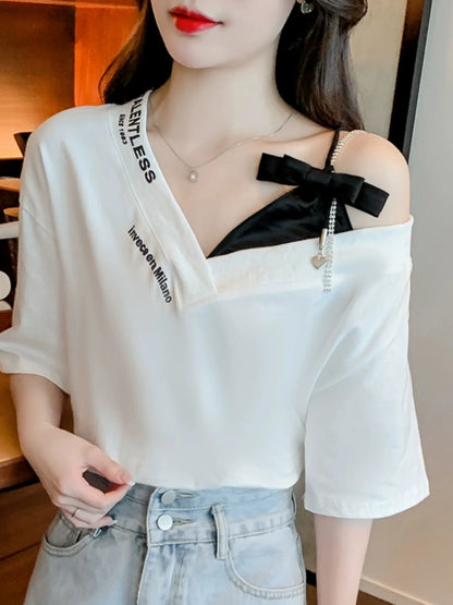 Unique Design oulder Bared ort Sve V-Ne Loose T-irt for Women  Knot Print Splice Asymmetrical Korean Sle