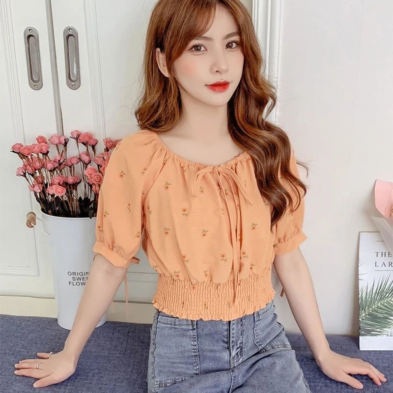 Sweet Broken Flower Women Short Shirts Elegant O-Neck Bow Tie Blouses Korean Fashion Elastic Waist Puff Sleeve Blouses 2025 New