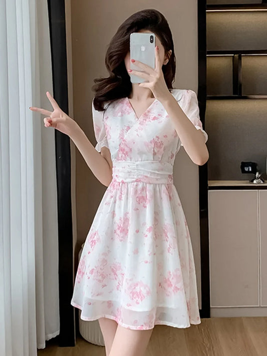 Floral Print A-Line Chiffon Dr Women's Summer 2026 New Sle Slimming ort Dr V-Ne Princ Sve Waist-Cinched