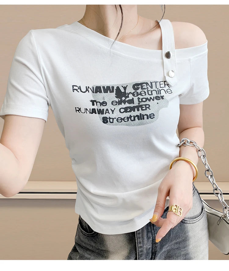 Sexy oulder Bared T irt Women's ort Sve Asymmetrical Collar Faionable Slimming Top Korean Sle Cotton Blend Summe...