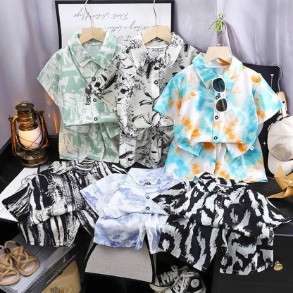 Childrens Summer Beach Outfit Boys Short Sleeve Shirt and Shorts Two Piece Set Casual Baby Clothes Toddler Clothing