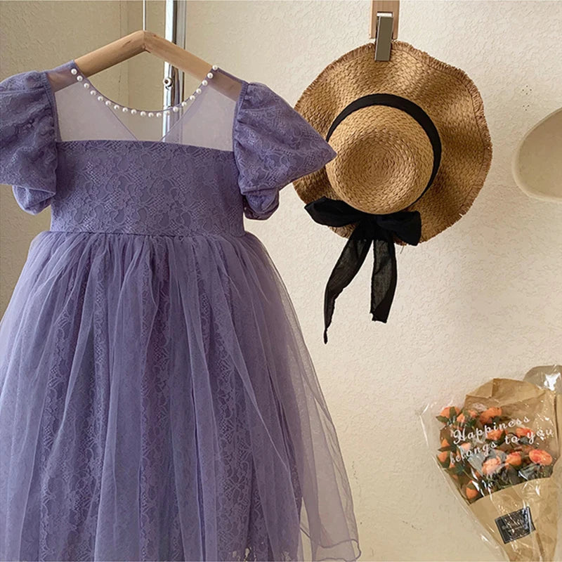 New Girls Party Dress Summer Elegant Princess Dress Purple Mesh Dress 1-9 Years Kids Bow Birthday Party Clothes