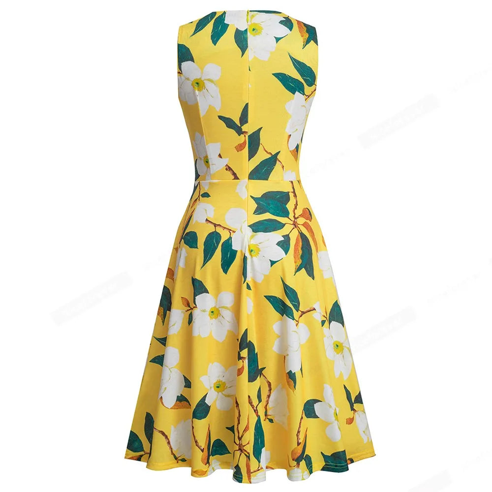 Women Vintage Casual Round Neck A line Summer Elegant Floral Lace Patchwork Sleeveless Tunic Party Swing Dress HA079