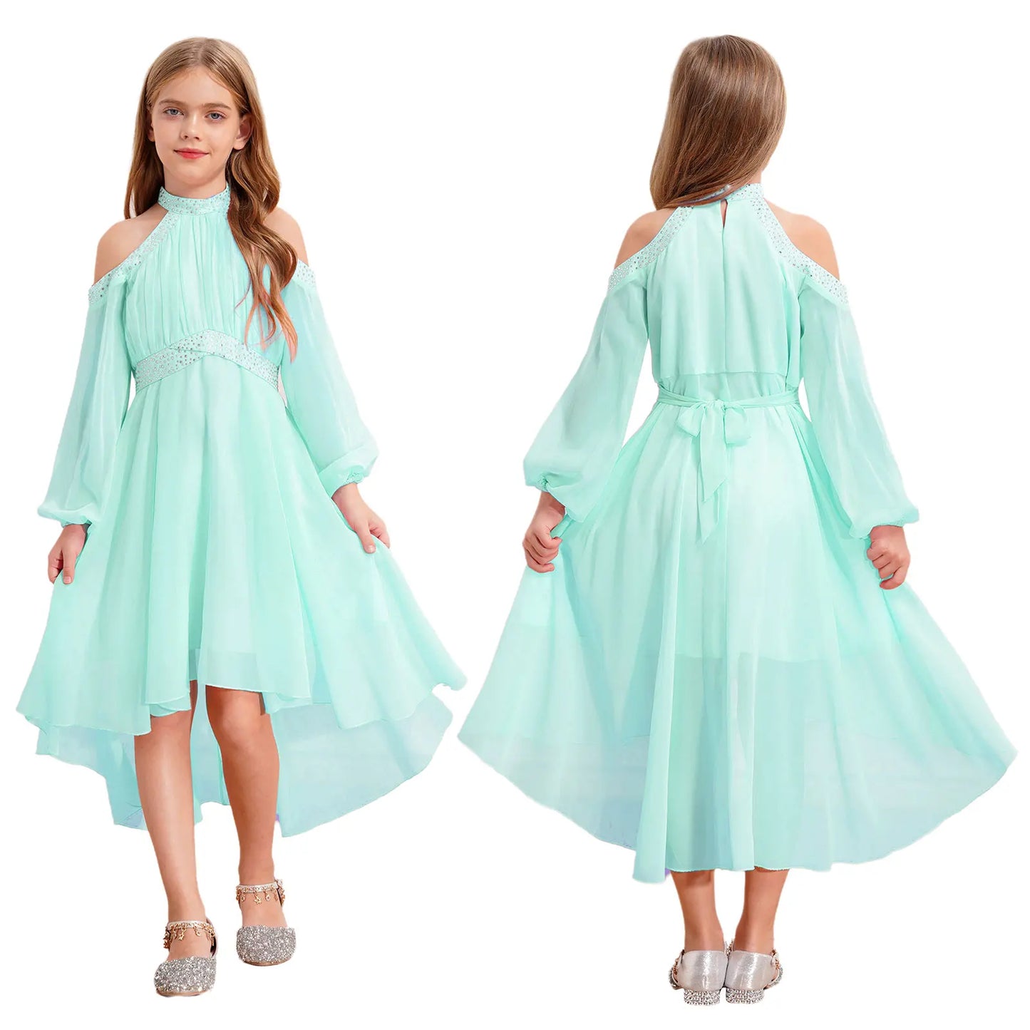 Kids Girls Elegant Party Dress Halter Off-shoulder High Waist Ruffled Chiffon Dresses Wedding Birthday Pageant Evening Prom Gown