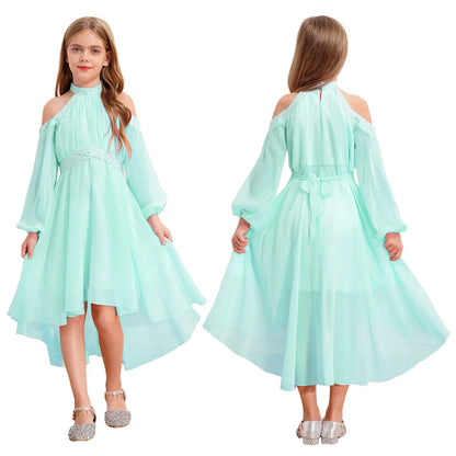 Kids Girls Elegant Party Dress Halter Off-shoulder High Waist Ruffled Chiffon Dresses Wedding Birthday Pageant Evening Prom Gown