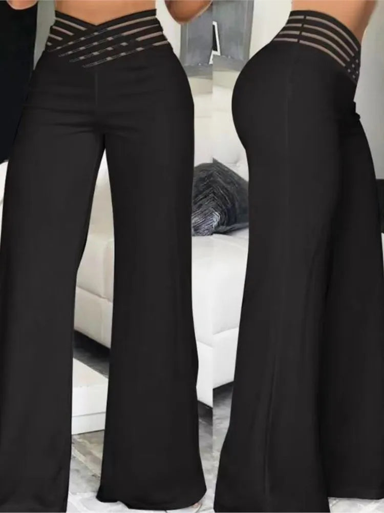 Women Wide Leg Flared Pants  Spring Casual Crisscross Sheer Mesh Patch High Waist Trousers Y2k Streetwear Elegant Work Pant (Available)