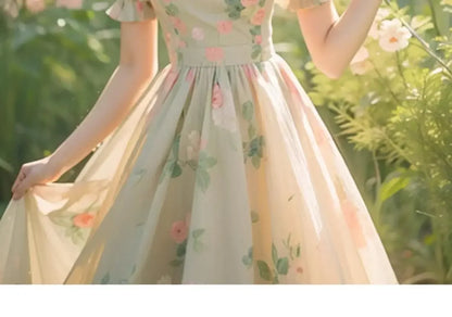 Beautiful Temperament Super Good-looking High-end Exquisite Waist-hugging Floral Puff Sleeve Dress for Women