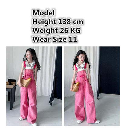 Luxury Kids Pink Denim Dungarees Bib Jeans for Teens Girl Casual Suspender Jumpsuit Child Fashion Jeans Overalls