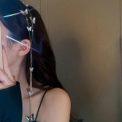 Shinning Silver Color for Rhinestone Thin Side Headband Long Sparkly Tassel Hair Hoop Fashion Women Hairstyle Headwear