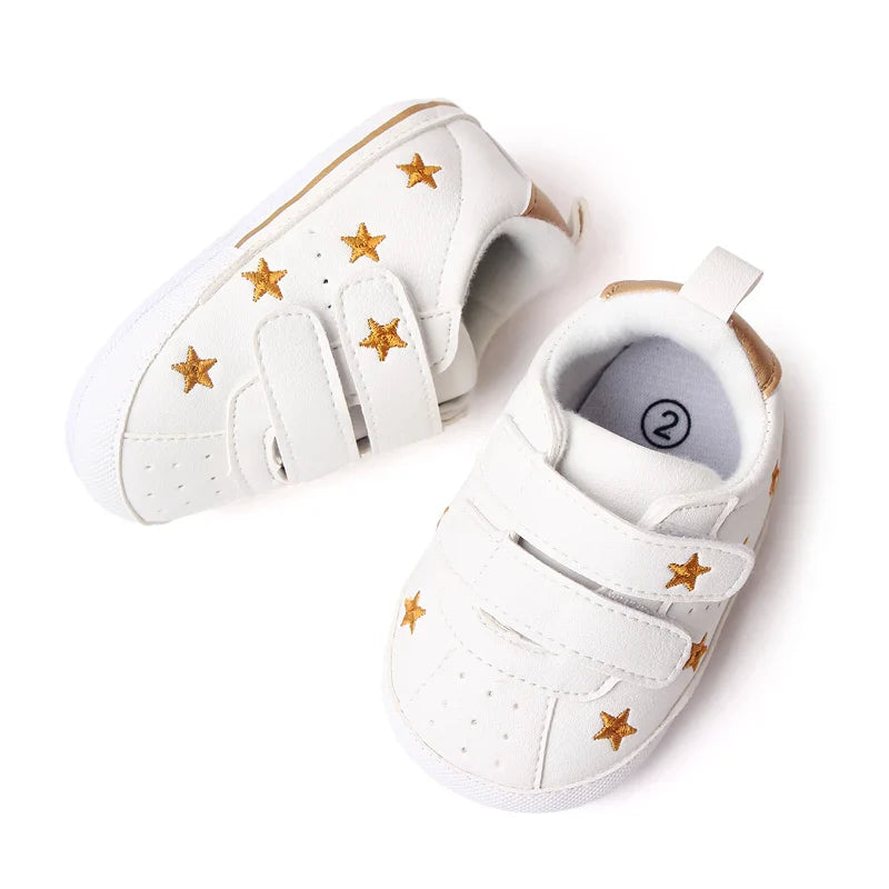 Baby White PU Sneaker Non-slip for Toddler Boys and Girls Cute Embroidery Stars and Hearts