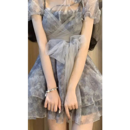Princ Sle Sweet Fairy T Summer Dr Women's Me Skirt Tea Break  Knot Puffy Skirt ort Sve Square Collar