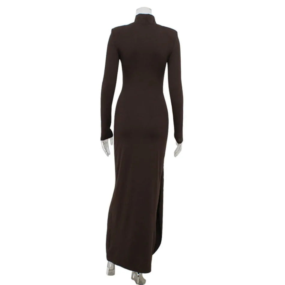 Women‘’s Dresses Autumn and Winter Fashion Sexy High-neck Long-sleeve Solid Color Dress with Waist Tie Club Long Dress