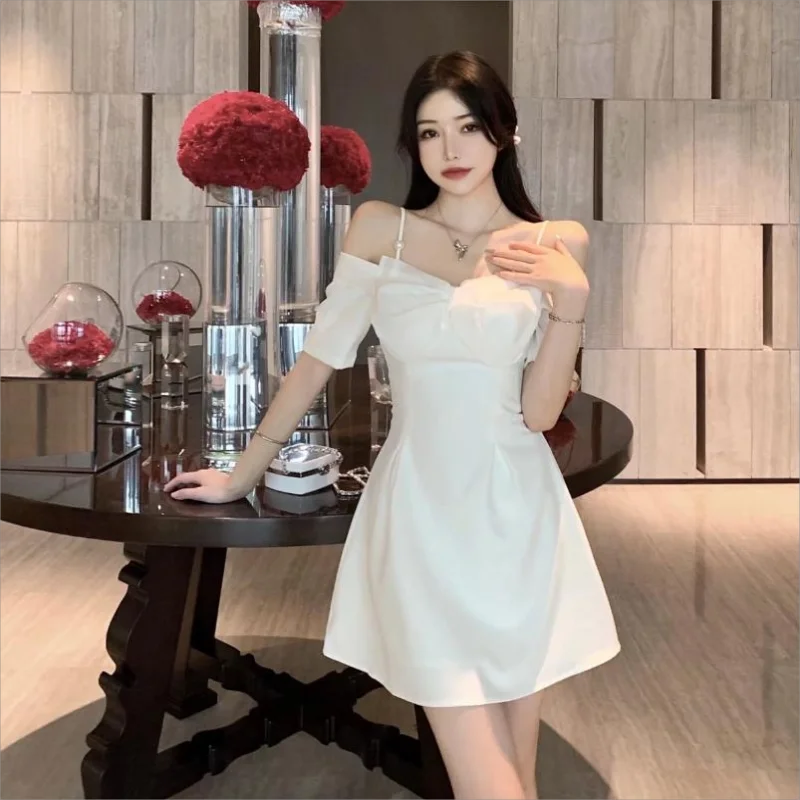 Sexy Off Shoulder Bow Dress Women Slim Short Slip Dress Ladies Style Birthday Formal Elegant White Mini Dresses