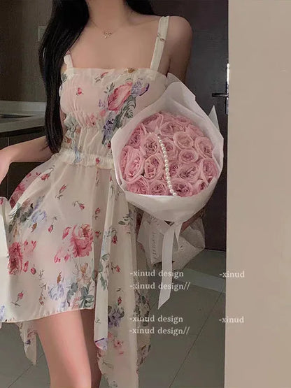 Hotsweet Style Flower Dress Chiffon Strap Temptation Sexy Elastic Waist Irregular Temperament Sweet Girl Perspective Dresses FJ8