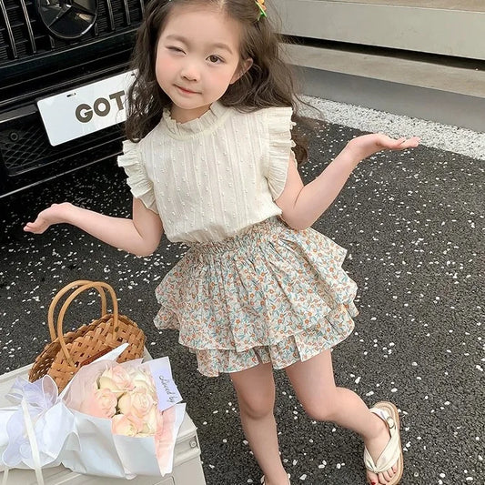 Girls' Set Summer New Children's Summer Dress, Baby Girl's Elegant Thin Fashion Children's Skirt Two Piece Set